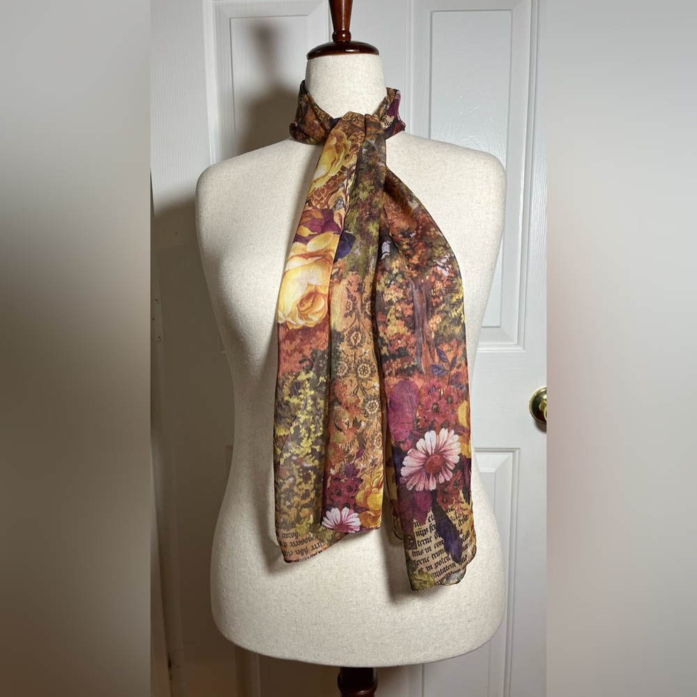 Vintage Style Fall Floral Scarf Autumn Botanical Print Lightweight